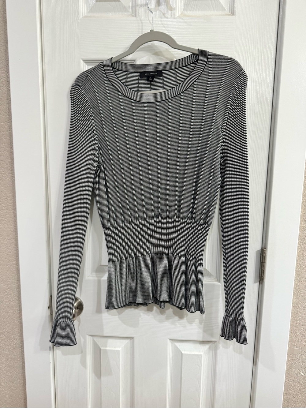 Ann Taylor Black and White Ribbed Peplum Long-Sleeve Top